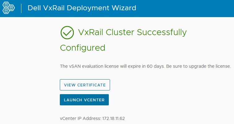 VxRail Successfully Configured screen